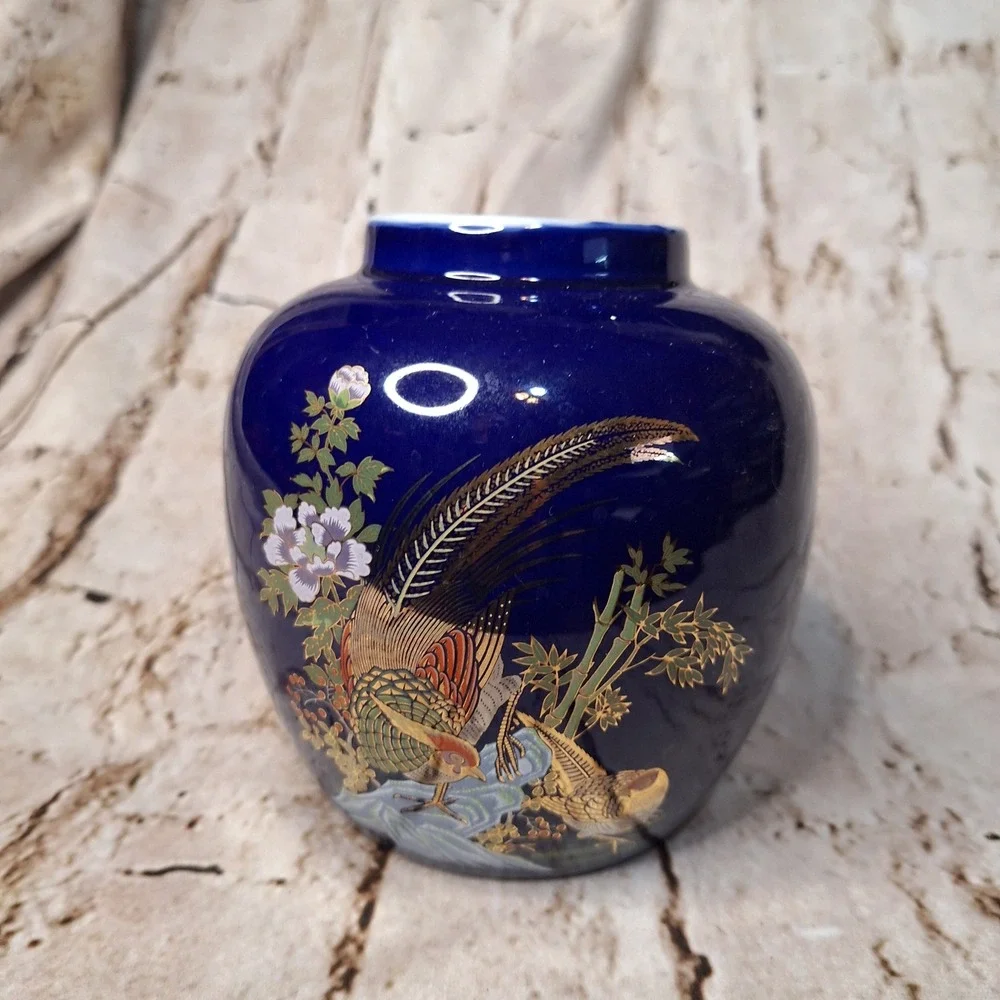 Vintage‎ Cobalt Blue Porcelain Ginger Jar Pheasant Bamboo Gold Accents 5.5 Inch